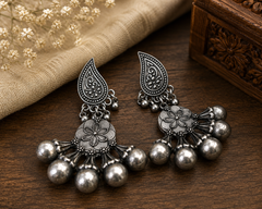 Oxidised Silver Floral Dangle Earrings for Women – Vintage Boho Statement Earrings with Ghungroo Ball Drops | Ethnic Party Wear Jewelry