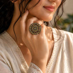 Oxidised Silver Floral Statement Ring with Yellow Stone