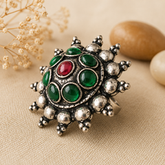 Oxidised Silver Green & Red Stone Statement Ring for Women