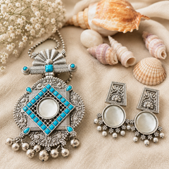 Oxidised Turquoise Tribal Pendant Necklace Set with Earrings  Boho Ethnic Statement Jewelry for Women