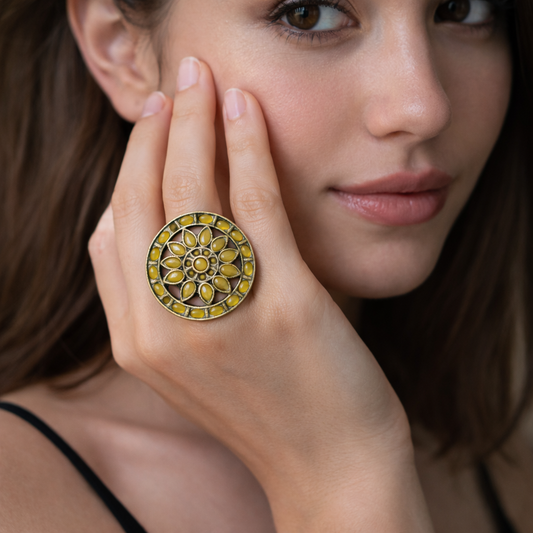 Oxidised Yellow Stone Floral Statement Ring for Women  The Mirage Fashion 1