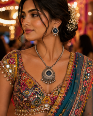 Oxidized Blue Stone Pendant Set with Pearl Detailing  The Mirage Fashion