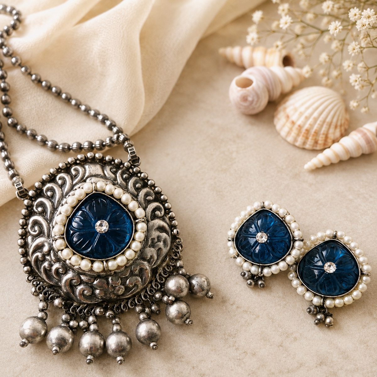 Vintage Oxidized Blue Stone Necklace Set for Women