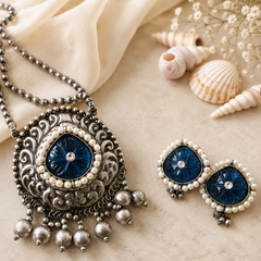 Vintage Oxidized Blue Stone Necklace Set for Women