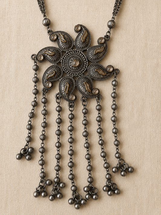Oxidized Floral Long Pendant Necklace Set with Matching Ghungroo Earrings for Women | The Mirage Fashion