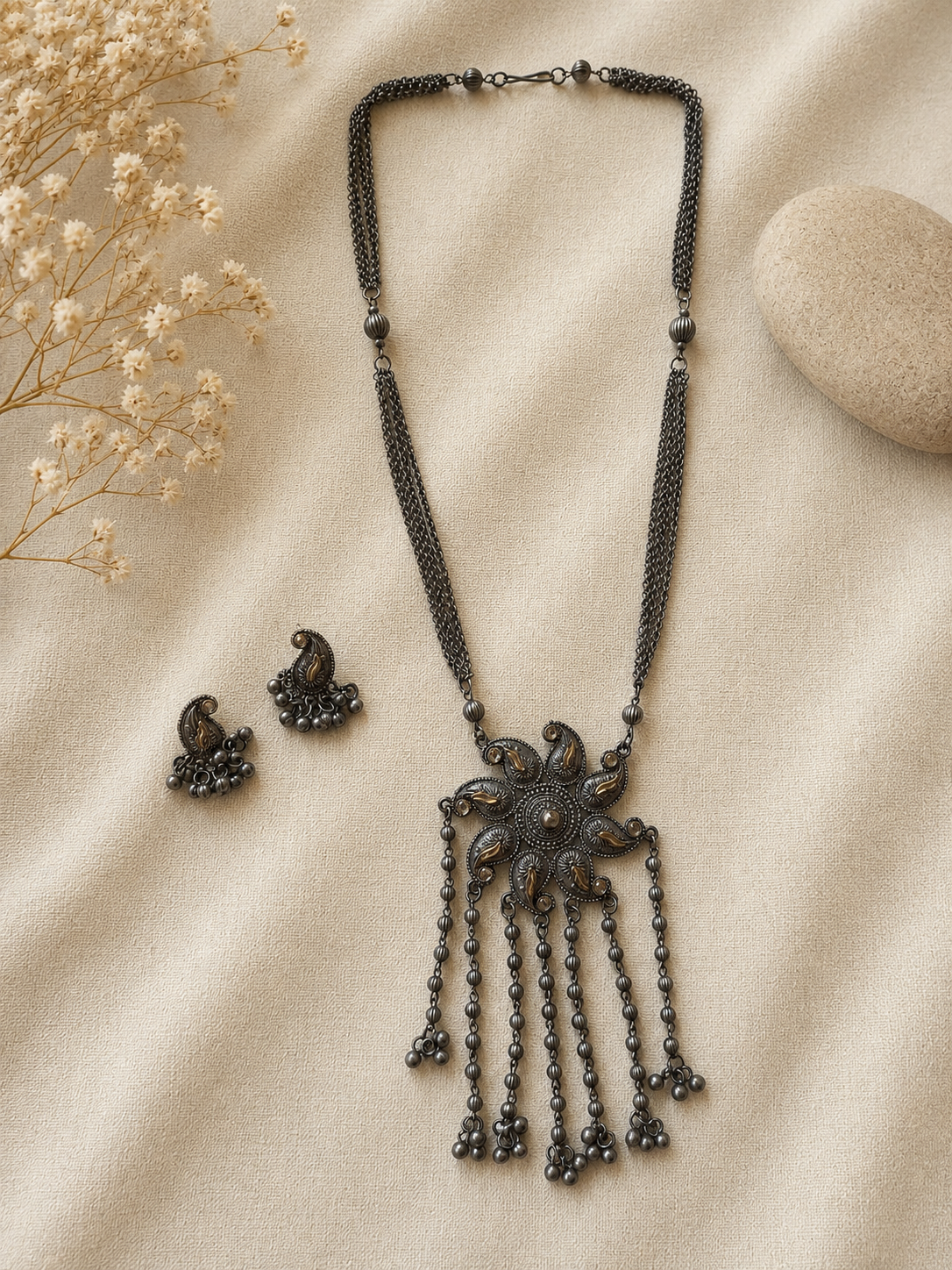 Oxidized Floral Long Pendant Necklace Set with Matching Ghungroo Earrings for Women | The Mirage Fashion