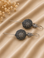 Oxidized Lotus Bloom Drop Ear Cuff Earrings for Women | Vintage Floral Oxidized Silver Earrings | Boho Ethnic Statement Jewelry |The Mirage Fashion