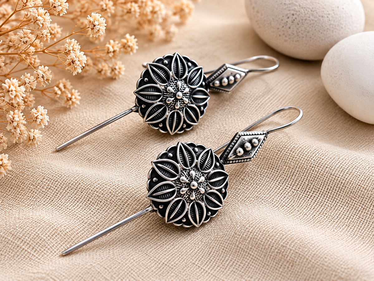 Oxidized Lotus Bloom Drop Ear Cuff Earrings for Women | Vintage Floral Oxidized Silver Earrings | Boho Ethnic Statement Jewelry |The Mirage Fashion