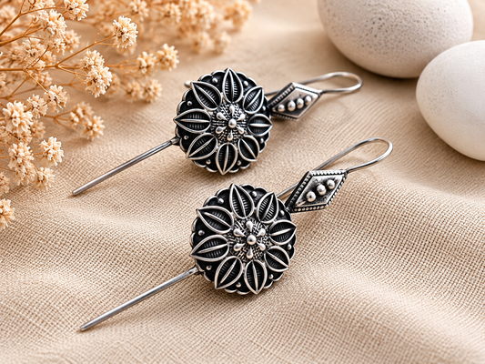 Oxidized Lotus Bloom Drop Ear Cuff Earrings for Women | Vintage Floral Oxidized Silver Earrings | Boho Ethnic Statement Jewelry |The Mirage Fashion