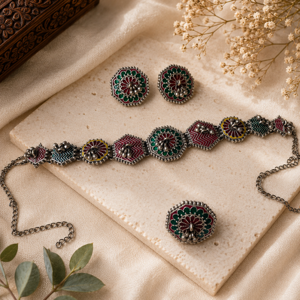 Oxidized Multicolor Choker Set with Stud Earrings & Statement Ring for Women | The Mirage Fashion