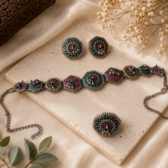 Oxidized Multicolor Choker Set with Stud Earrings & Statement Ring for Women | The Mirage Fashion