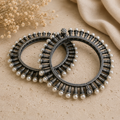 Oxidized Pearl Kada Bangles for Women Traditional Statement Bracelet Pair | The Mirage Fashion