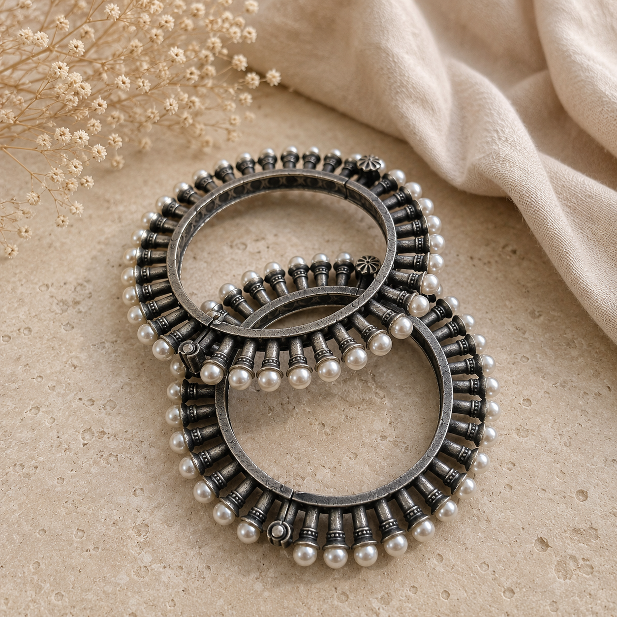 Oxidized Pearl Kada Bangles for Women Traditional Statement Bracelet Pair | The Mirage Fashion
