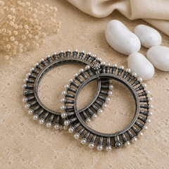 Oxidized Pearl Kada Bangles for Women Traditional Statement Bracelet Pair | The Mirage Fashion