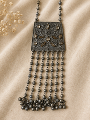 Oxidized Square Tassel Pendant Necklace Set with Matching Ghungroo Earrings for Women | The Mirage Fashion