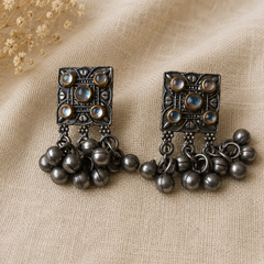 Oxidized Square Tassel Pendant Necklace Set with Matching Ghungroo Earrings for Women | The Mirage Fashion