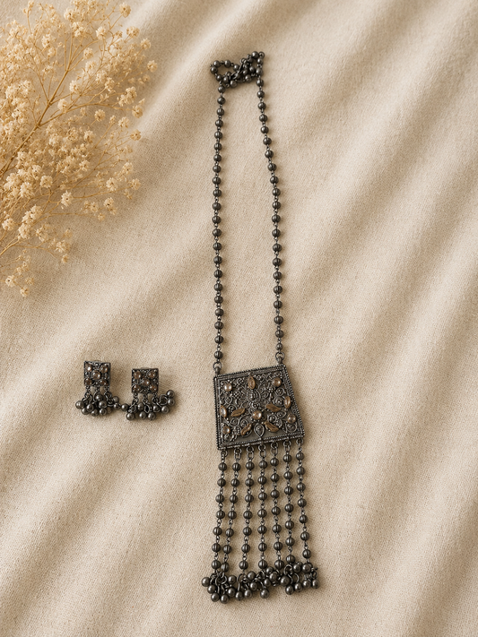 Oxidized Square Tassel Pendant Necklace Set with Matching Ghungroo Earrings for Women | The Mirage Fashion 