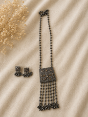 Oxidized Square Tassel Pendant Necklace Set with Matching Ghungroo Earrings for Women | The Mirage Fashion 
