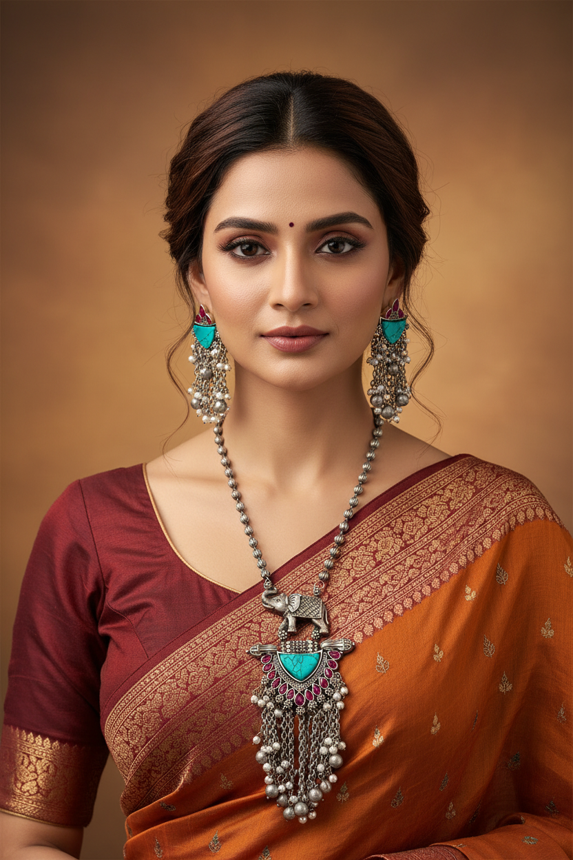 Oxidized Elephant Necklace Set with Turquoise Stone & Pearl Tassels 