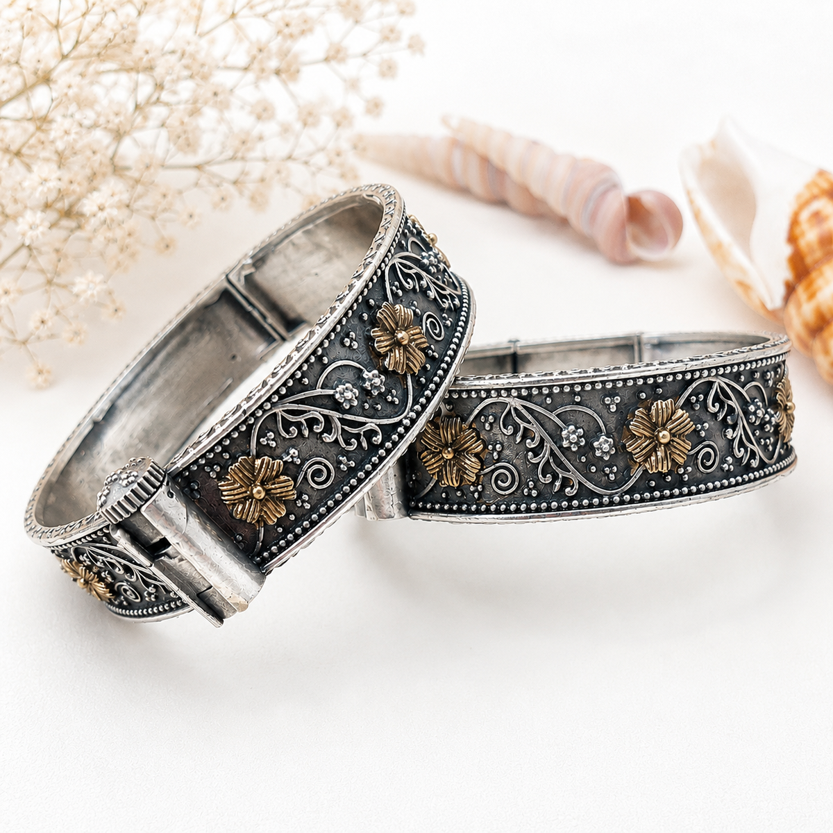 Oxidized Floral Kada Bangles for Women – Antique Gold & Silver | The Mirage Fashion (Single Pic)