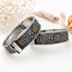 Oxidized Floral Kada Bangles for Women – Antique Gold & Silver | The Mirage Fashion (Single Pic)
