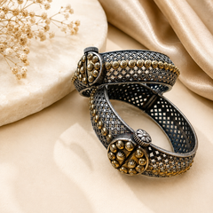 Oxidized floral kada bangles for women with antique gold detailing