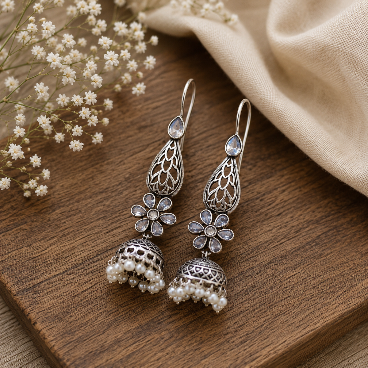 Oxidized Silver Floral Jhumka Earrings with Pearls – Elegant Long Drop Earrings for Women | Traditional & Party Wear Jewelry | The Mirage  Fashion 