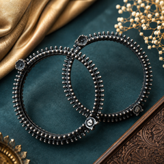 Oxidized Silver Kada Bangles with Intricate Beaded Design | The Mirage Fashion (Single Pic)
