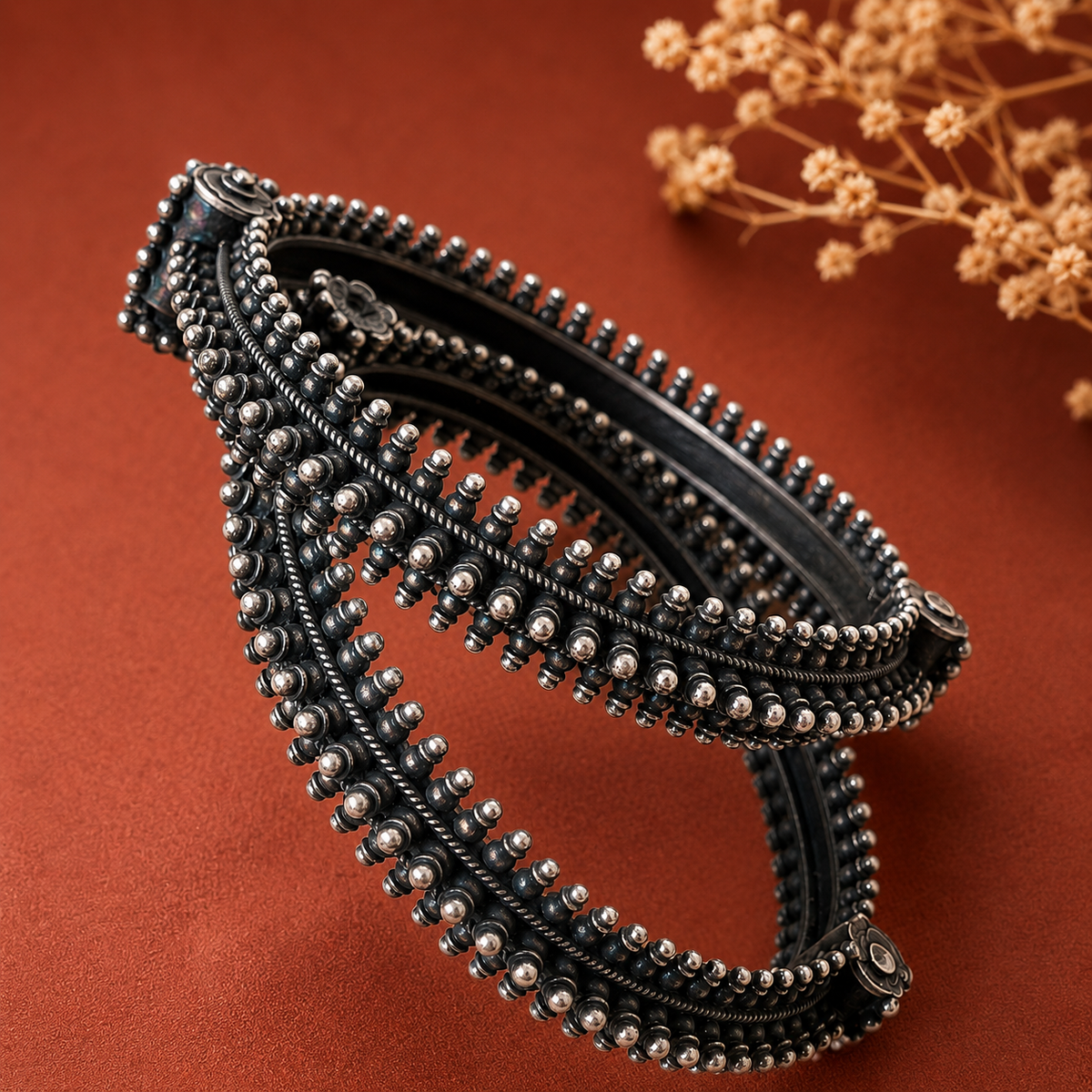 Oxidized Silver Kada Bangles with Intricate Beaded Design | The Mirage Fashion (Single Pic)
