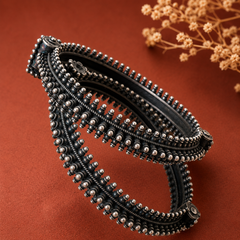 Oxidized Silver Kada Bangles with Intricate Beaded Design | The Mirage Fashion (Single Pic)