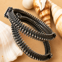 Oxidized Silver Kada Bangles with Intricate Beaded Design | The Mirage Fashion (Single Pic)