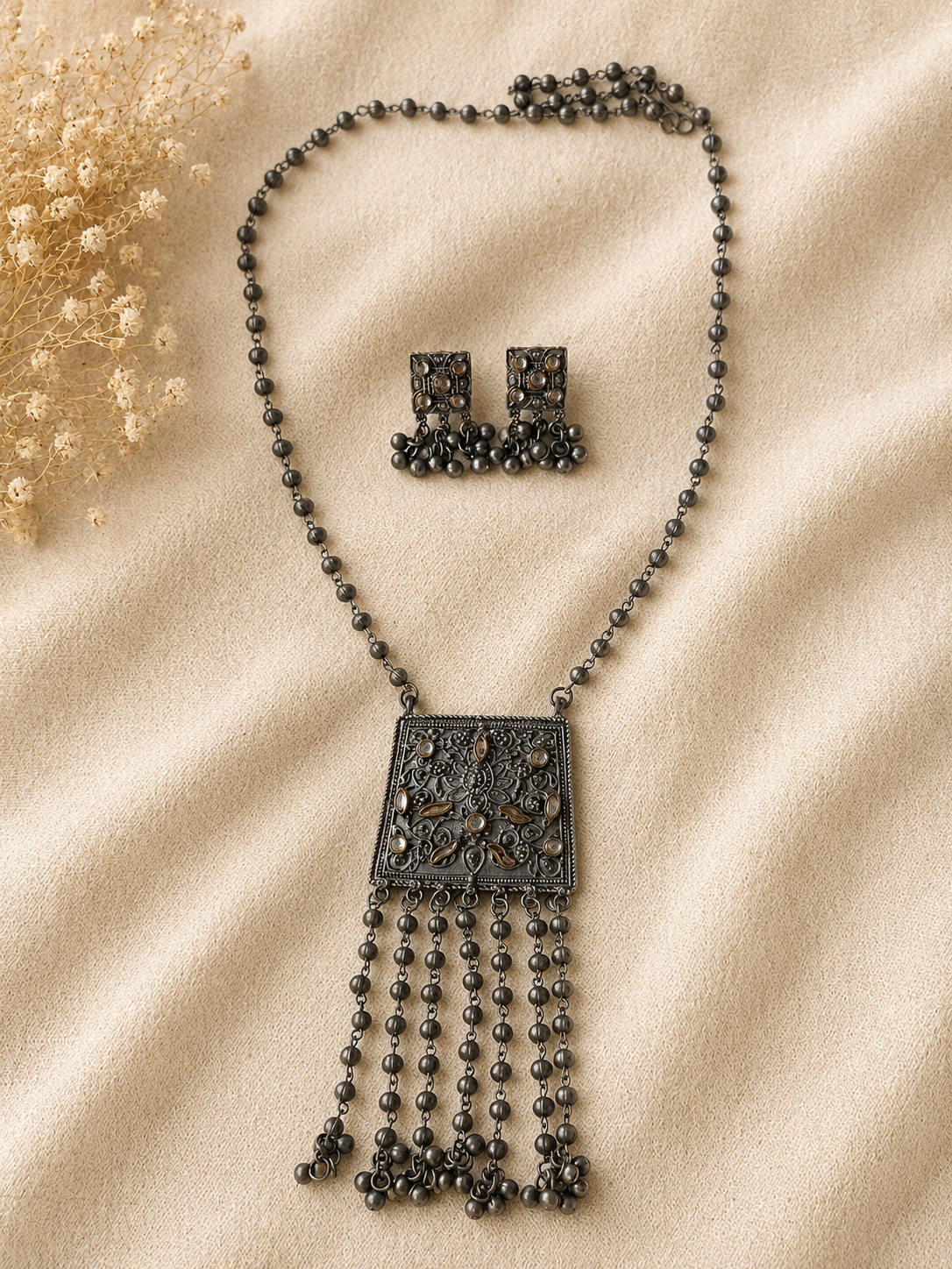 Oxidized Square Tassel Pendant Necklace Set with Matching Ghungroo Earrings for Women | The Mirage Fashion