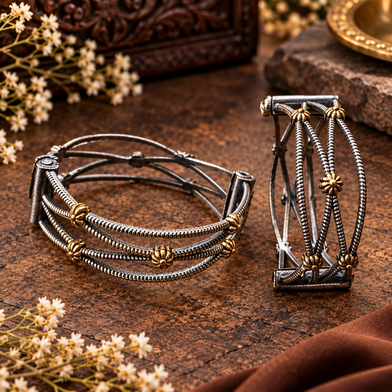 Oxidized silver and gold floral multilayer kada bangles for women