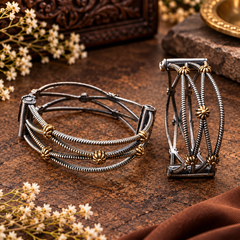 Oxidized silver and gold floral multilayer kada bangles for women
