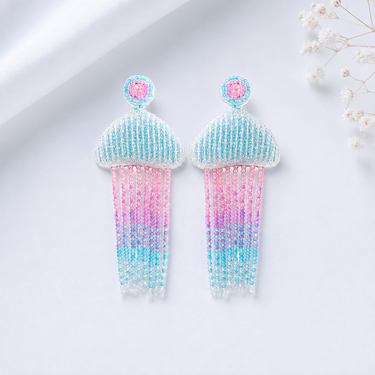 Pastel Jellyfish Beaded Tassel Earrings for Women | Statement Dangle Earrings | The Mirage Fashion