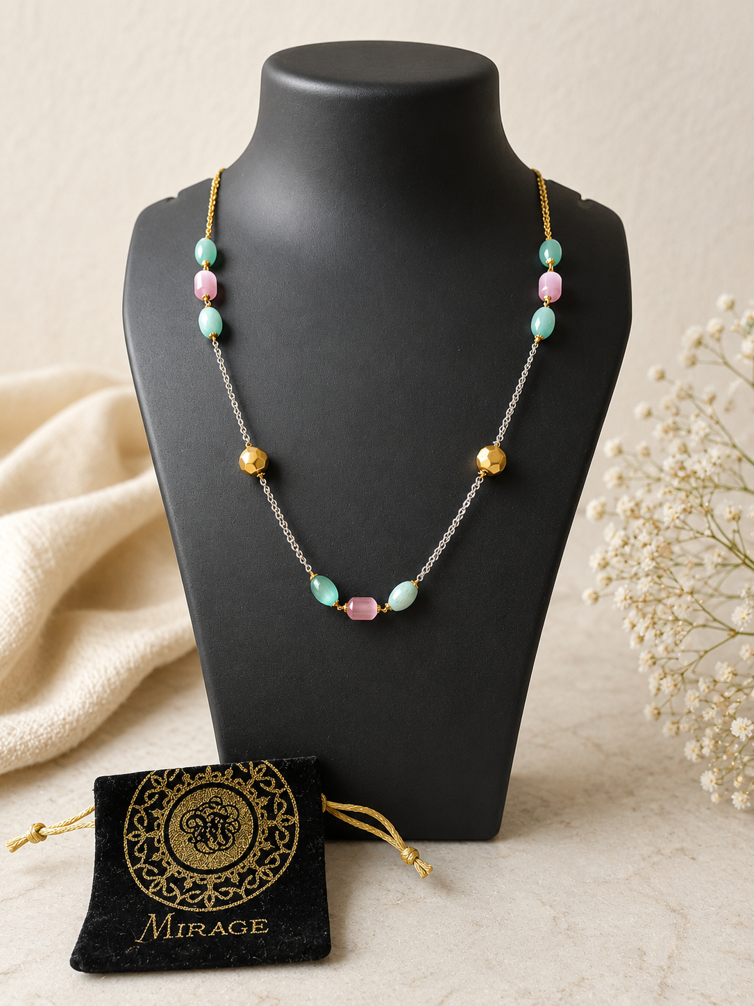 Pastel pearl beaded necklace with aqua and pink beads on a dual-tone chain for women by The Mirage Fashion