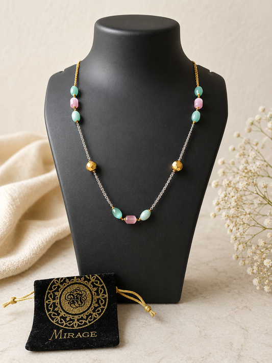Pastel pearl beaded necklace with aqua and pink beads on a dual-tone chain for women by The Mirage Fashion