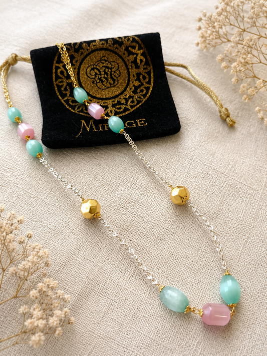 Pastel pearl beaded necklace with aqua and pink beads on a dual-tone chain for women by The Mirage Fashion