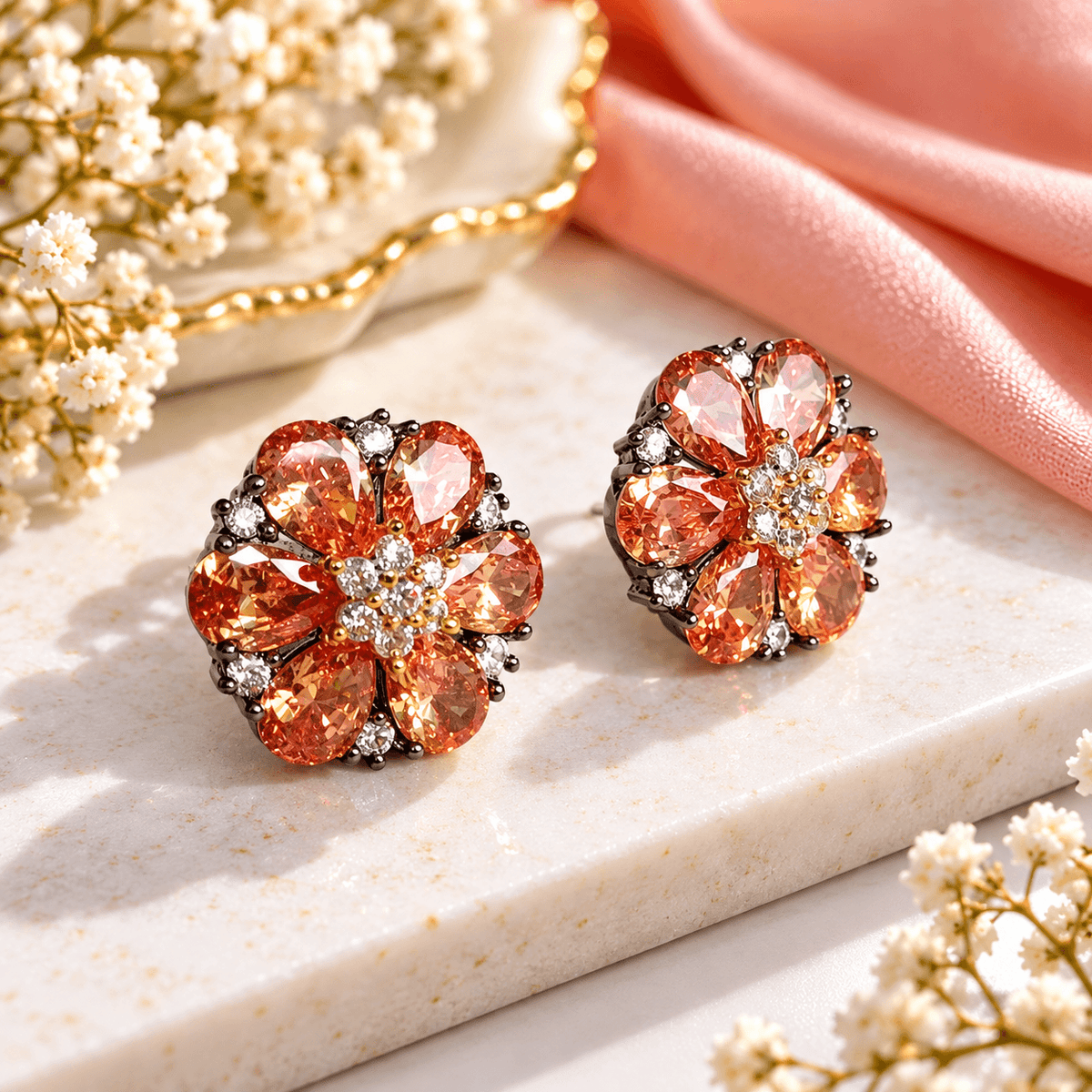 Peach Petal Radiance Floral Crystal Stud Earrings | The Mirage Fashion