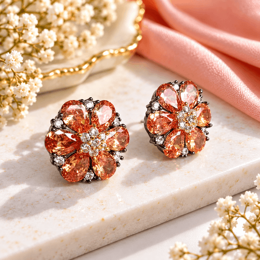 Peach Petal Radiance Floral Crystal Stud Earrings | The Mirage Fashion