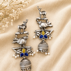 Peacock-Inspired Oxidised Silver Jhumka Earrings with Deer & Bird Motif | Pearl Drop Tribal Statement Earrings for Women | The Mirage Fashion