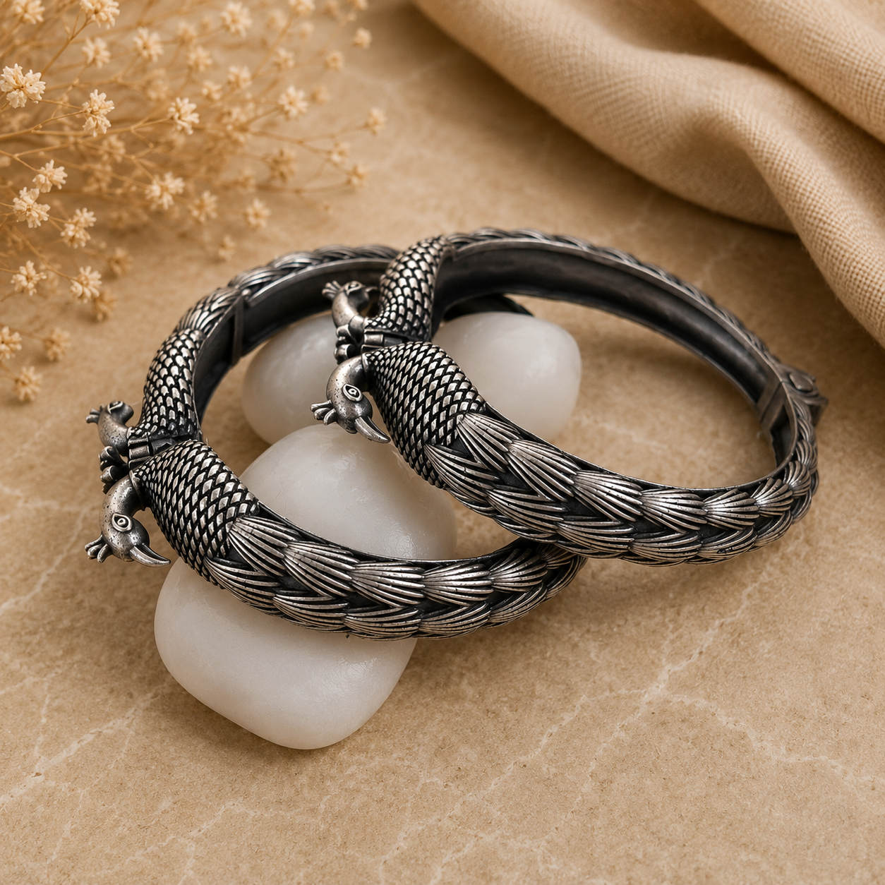 Peacock Design Oxidized Kada Bracelet Pair for Women Traditional Statement Bangles | The Mirage Fashion