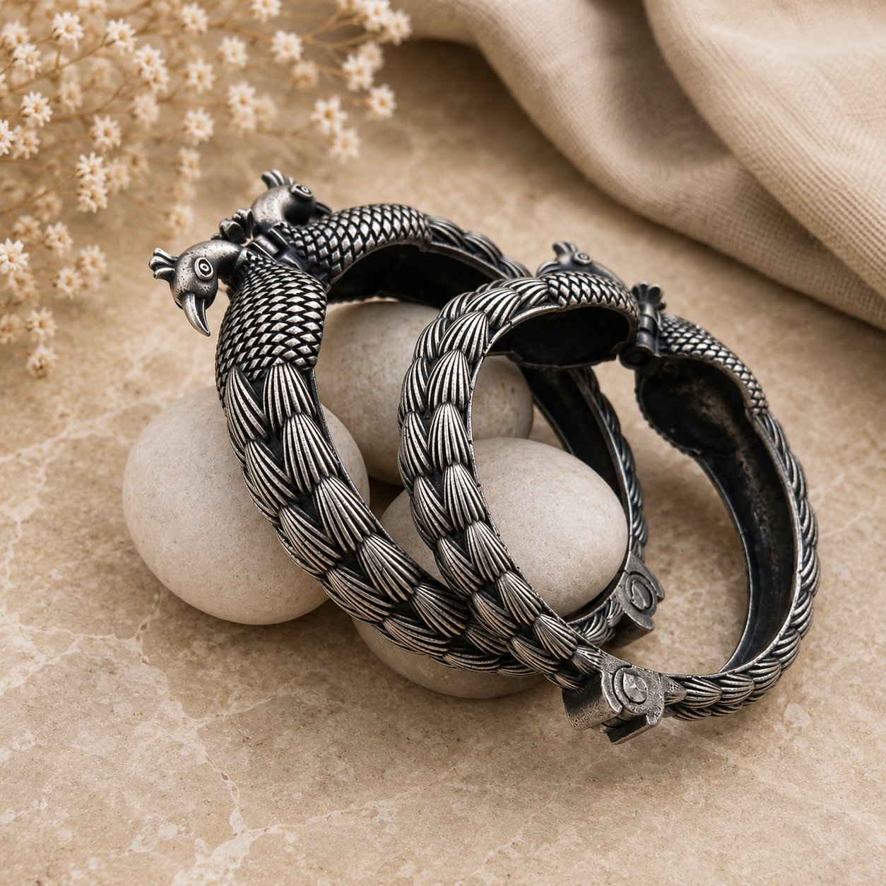 Peacock Design Oxidized Kada Bracelet Pair for Women Traditional Statement Bangles | The Mirage Fashion