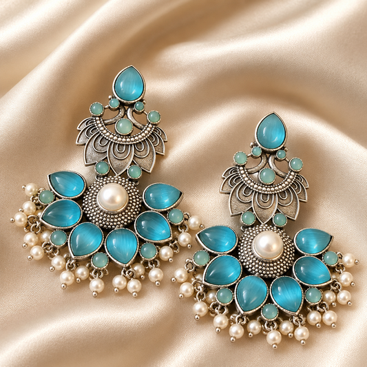 Pearl Bloom Oxidized Silver Chandbali Earrings for Women | Statement Stone & Pearl Drop Earrings | Ethnic Boho Jewelry | The Mirage Fashion