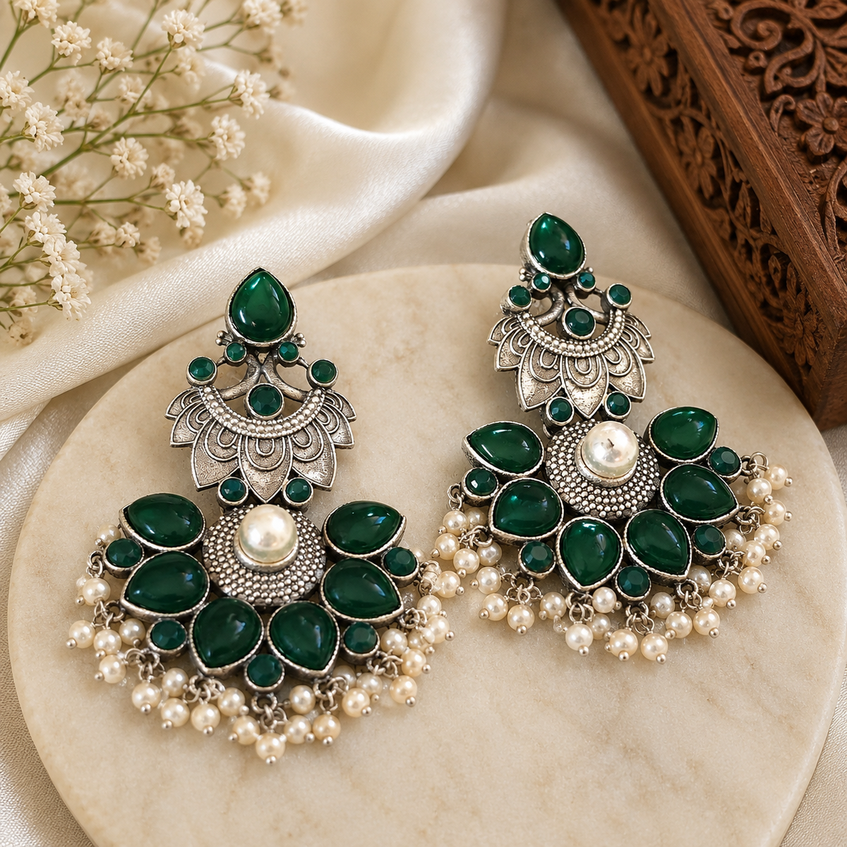 Pearl Bloom Oxidized Silver Chandbali Earrings for Women | Statement Stone & Pearl Drop Earrings | Ethnic Boho Jewelry | The Mirage Fashion