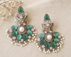 Pearl Bloom Oxidized Silver Chandbali Earrings for Women | Statement Stone & Pearl Drop Earrings | Ethnic Boho Jewelry | The Mirage Fashion