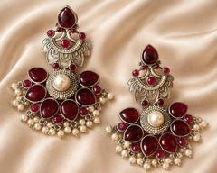 Pearl Bloom Oxidized Silver Chandbali Earrings for Women | Statement Stone & Pearl Drop Earrings | Ethnic Boho Jewelry | The Mirage Fashion