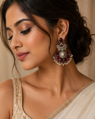 Pearl Bloom Oxidized Silver Chandbali Earrings for Women | Statement Stone & Pearl Drop Earrings | Ethnic Boho Jewelry | The Mirage Fashion