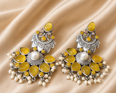 Pearl Bloom Oxidized Silver Chandbali Earrings for Women | Statement Stone & Pearl Drop Earrings | Ethnic Boho Jewelry | The Mirage Fashion