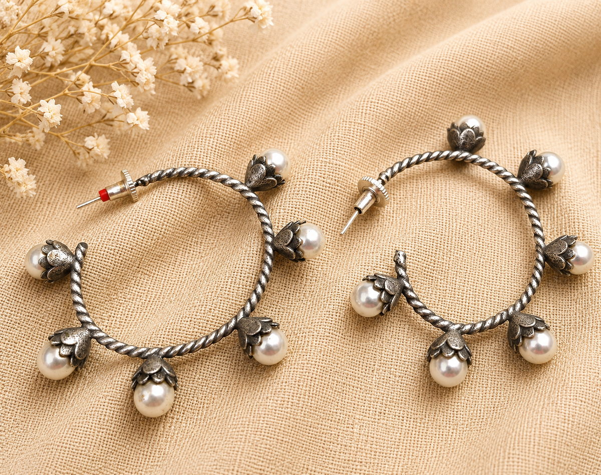 Pearl Bloom Oxidized Silver Hoop Earrings – Floral Pearl Charm Statement Hoops for Women | Elegant Ethnic & Boho Jewelry | The Mirage Fashion